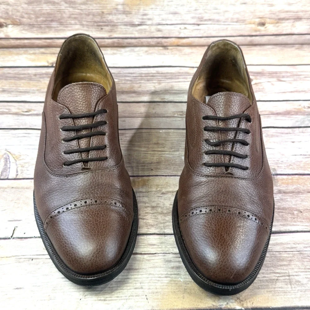 Lorenzi Mens Brown Pebbled Italian Leather Cap Toe Oxford Dress Shoes Size 8